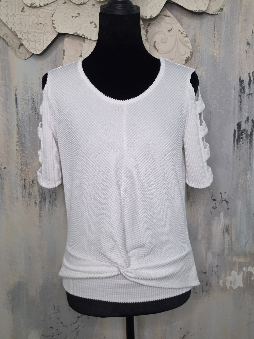 by & by White Cold-Shoulder Knot Front Short Sleeve Top